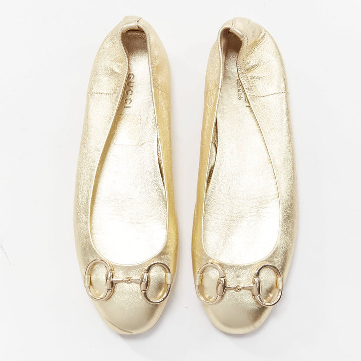 GUCCI metallic light gold Horsebit buckle round toe ballerina flats EU36