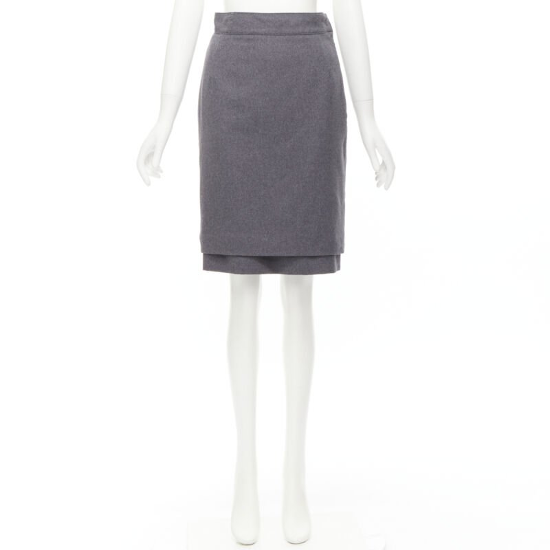 OSCAR DE LA RENTA grey wool double layered hem pencil skirt US2 XS