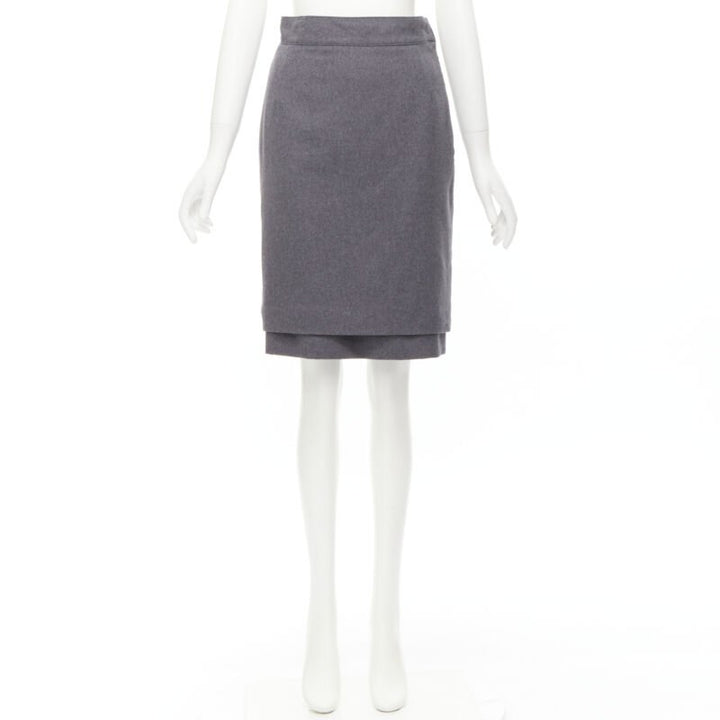 OSCAR DE LA RENTA grey wool double layered hem pencil skirt US2 XS