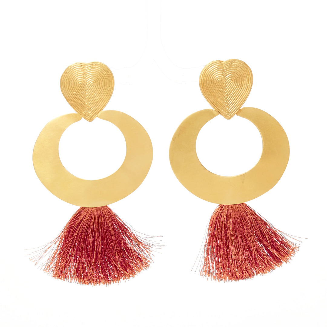PMX CANO brown gold heart tribal tassel statement pin earrings