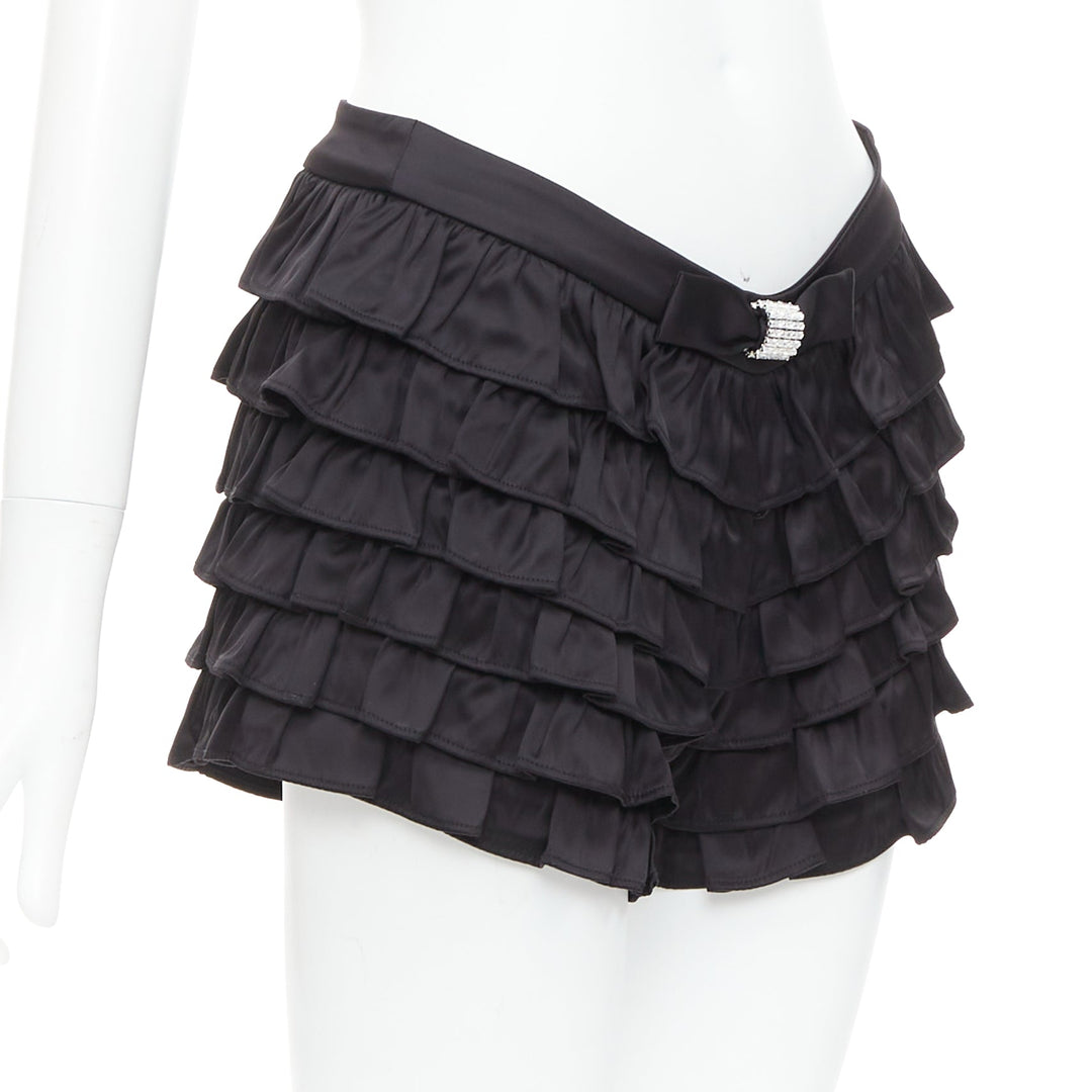 SHUSHU TONG black viscose ruffle tiered crystal bow mini shorts UK6 XS
