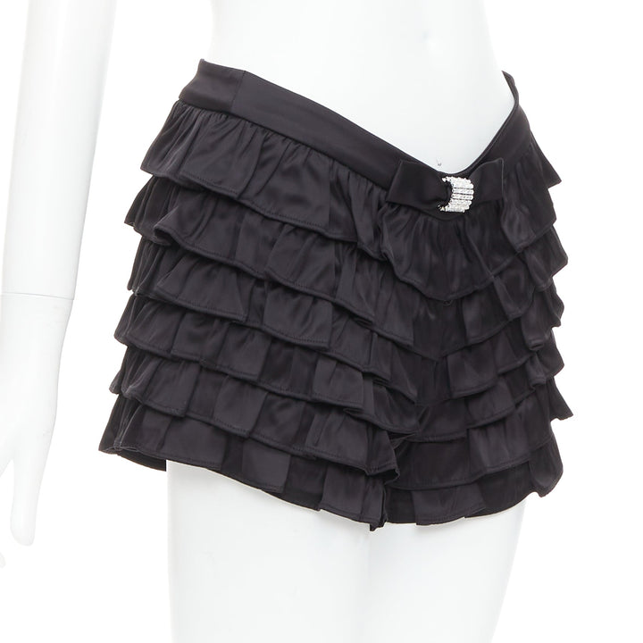 SHUSHU TONG black viscose ruffle tiered crystal bow mini shorts UK6 XS