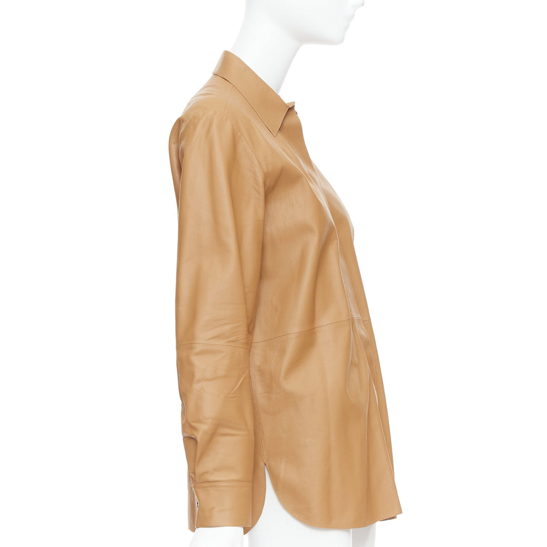 THEORY L Nappa Shine brown lambskin leather panelled shirt XS