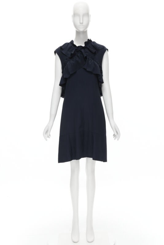 MARNI navy blue silk crepe cross ruffle trim knee lenth dress IT40 S