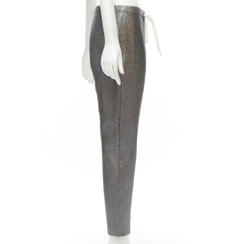 ROSIE ASSOULIN silver iridescent glitter metallic silk tapered cropped pants XS