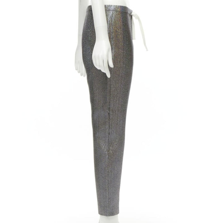 ROSIE ASSOULIN silver iridescent glitter metallic silk tapered cropped pants XS