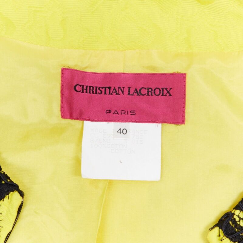 CHRISTIAN LACROIX yellow cotton floral jacquard black lace padded jacket FR40