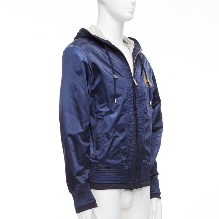 D&G navy nylon grey cotton lined gold varsity logo hooded zip up  IT46 S