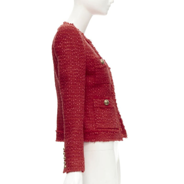 BALMAIN red tweed gold military button 4 pocket power blazer jacket FR34 XS