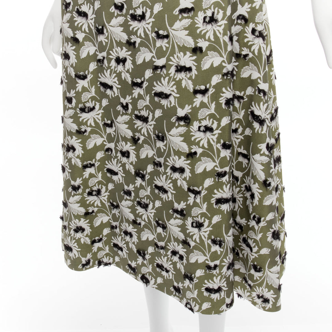 BALENCIAGA 2015 green black fringe embellishment white floral midi skirt FR36 S