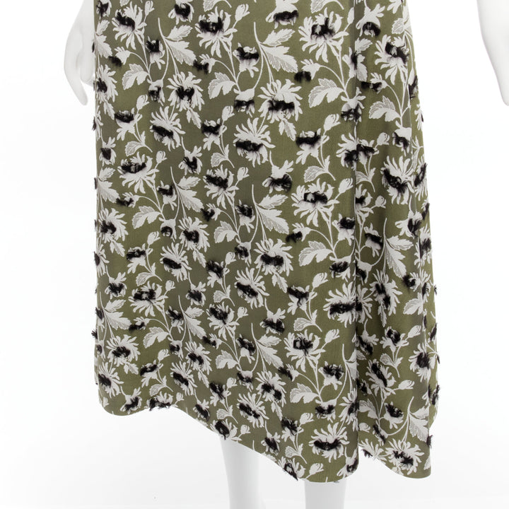 BALENCIAGA 2015 green black fringe embellishment white floral midi skirt FR36 S