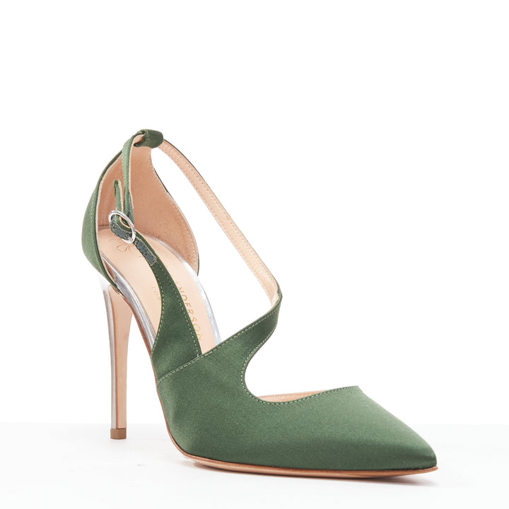 RUPERT SANDERSON Nanda green satin d'orsay silver heel pointy pumps EU36
