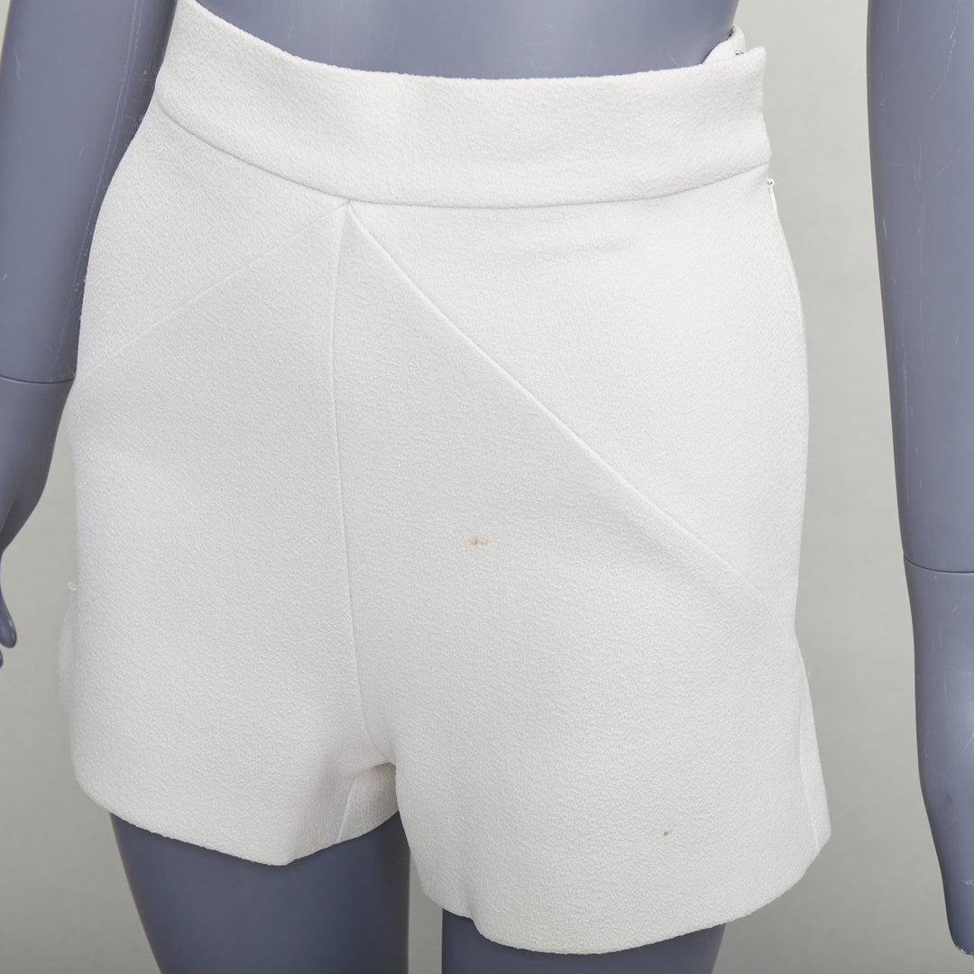 BALENCIAGA 2014 cream diagonal dart pleated back mini shorts FR34 XS