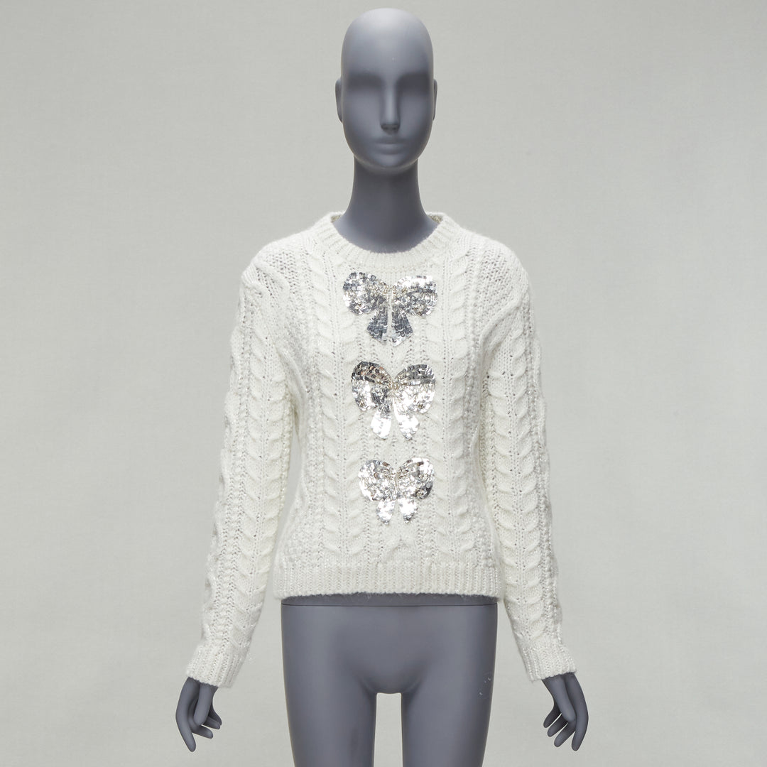 VALENTINO 2021 silver beads sequins bow white lurex cable knit sweater XS
