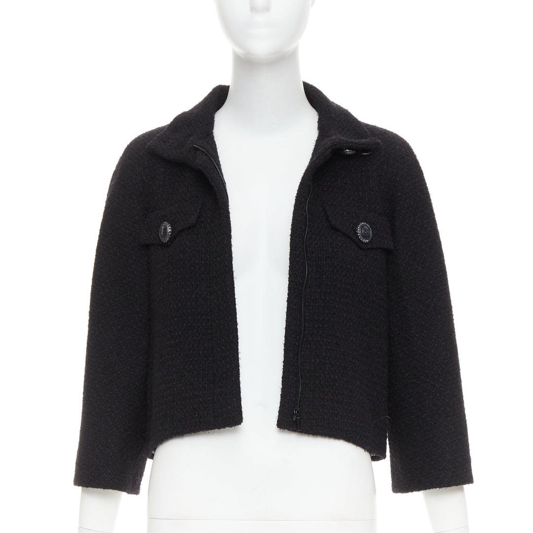 CHANEL 19A black wool tweed CC logo buttons high collar crop jacket FR34 XS