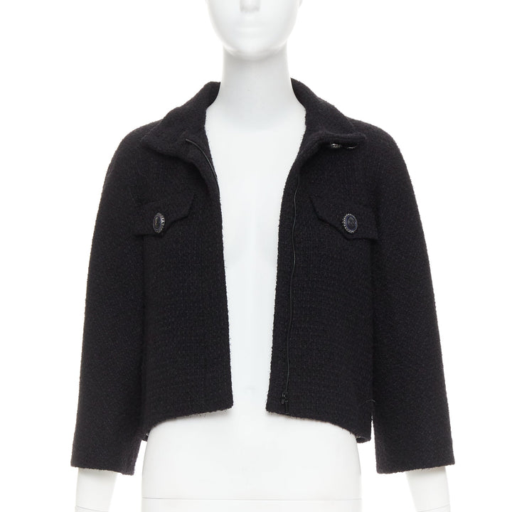 CHANEL 19A black wool tweed CC logo buttons high collar crop jacket FR34 XS