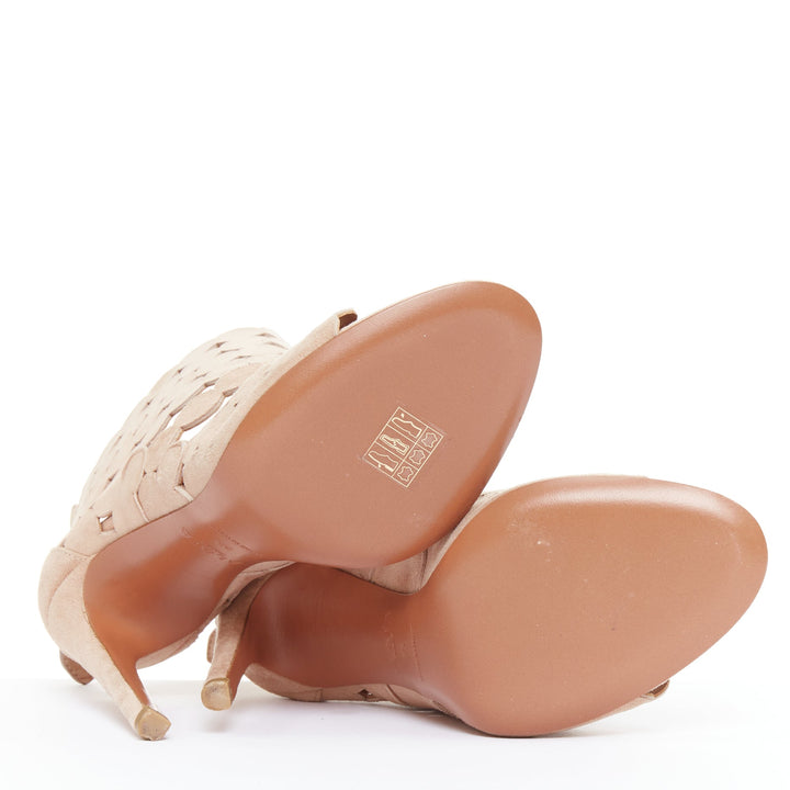 ALAIA nude leather scallop cut out caged high heeled sandals EU35