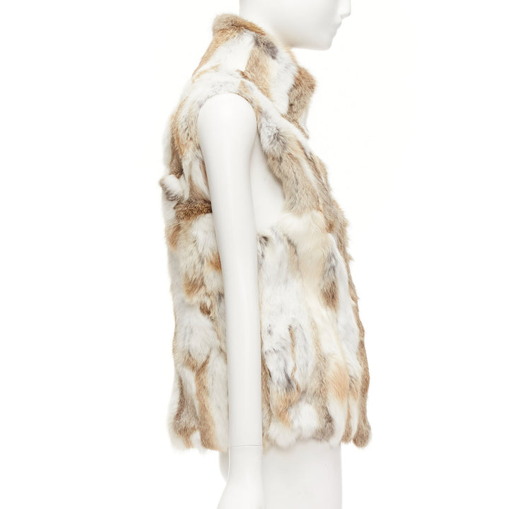 EAVES brown white rabbit fur patchwork hi neck sleeveless vest jacket S