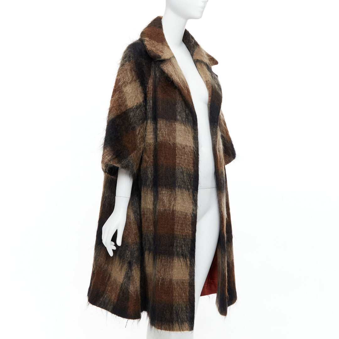 LILLI ANN Vintage brown checked mohair wide sleeve long overcoat