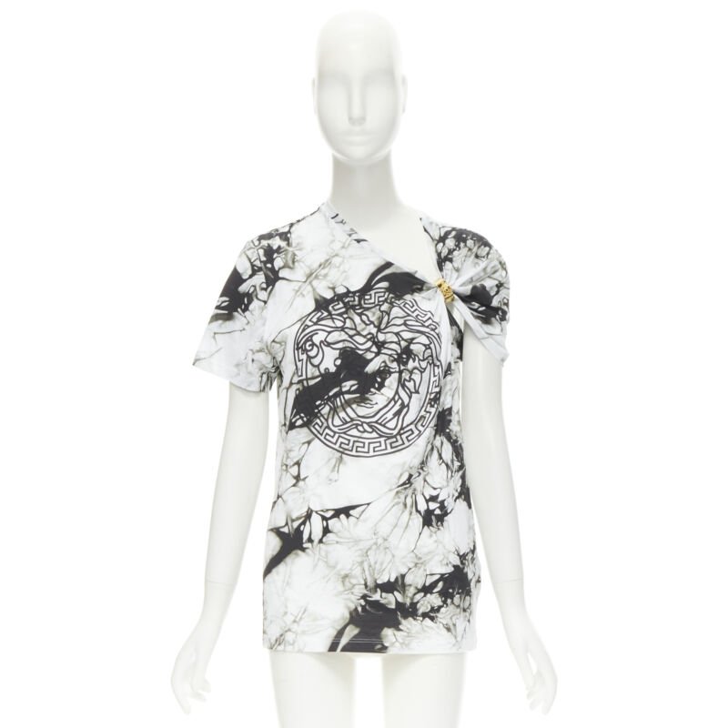 VERSACE Medusa gold ring marble black white tie dye tshirt IT38 S