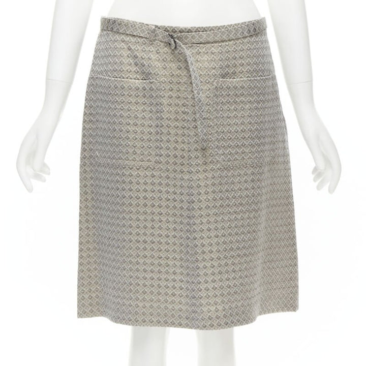 DRIES VAN NOTEN gold coated jacquard cotton belted knee lnegth skirt FR36 S