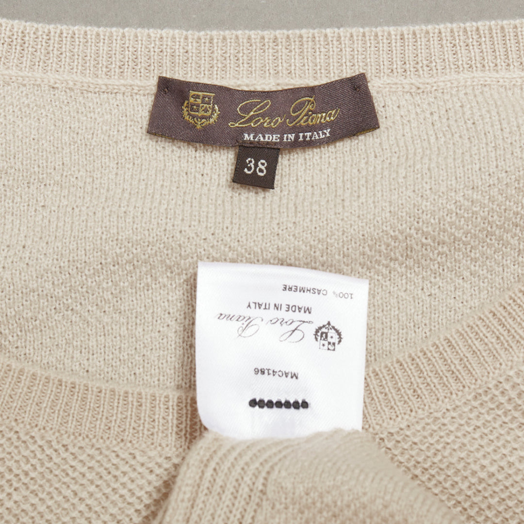 LORO PIANA 100% cashmere beige fine waffle knit crew neck sweater IT38 XS