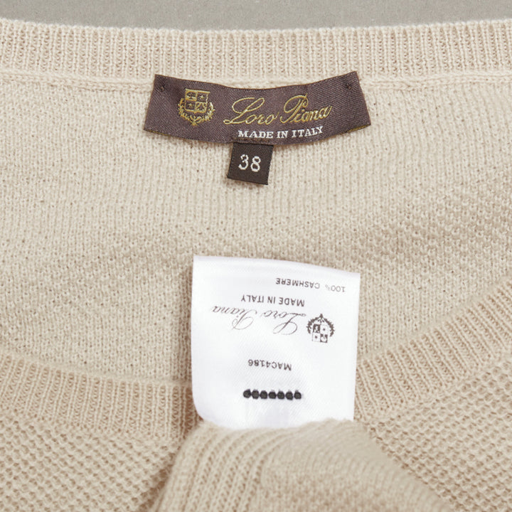 LORO PIANA 100% cashmere beige fine waffle knit crew neck sweater IT38 XS