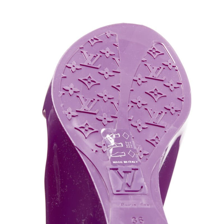 LOUIS VUITTON Y2K purple rubber T-strap logo magic tape wedge sandal EU36