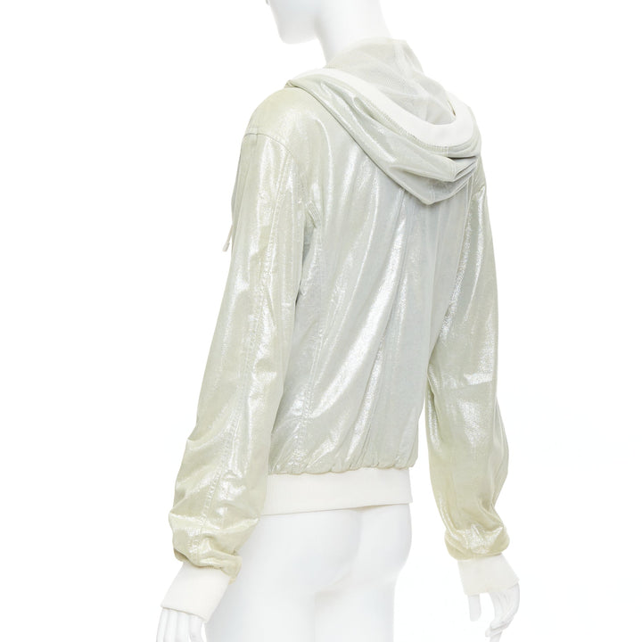 CHANEL 08P Vintage metallic lambskin leather rib trim hooded zip jacket FR38 M