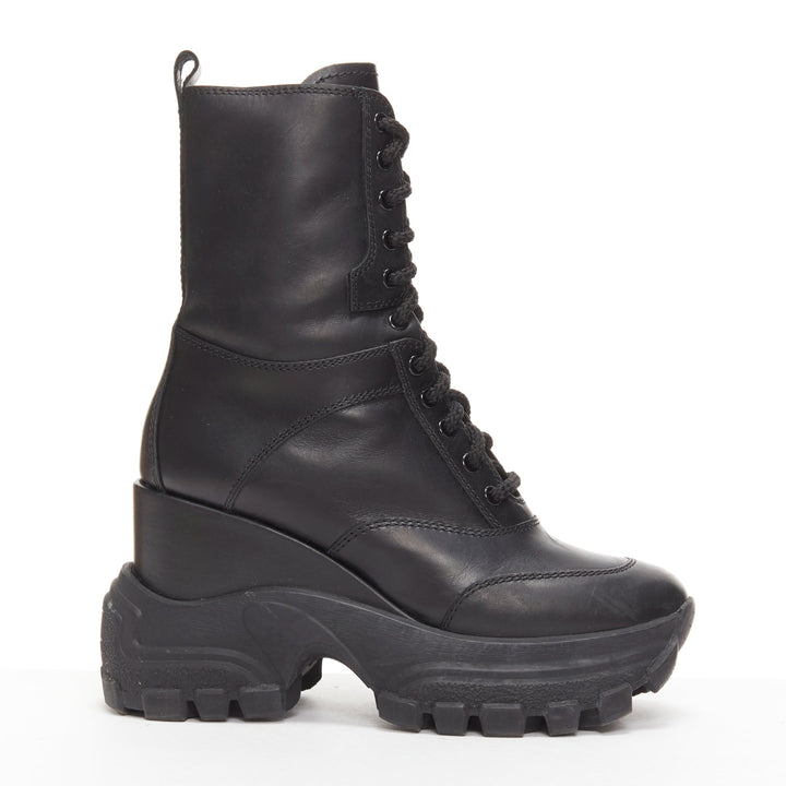 MIU MIU Runway black leather logo lace up chunky wedged military boots EU39