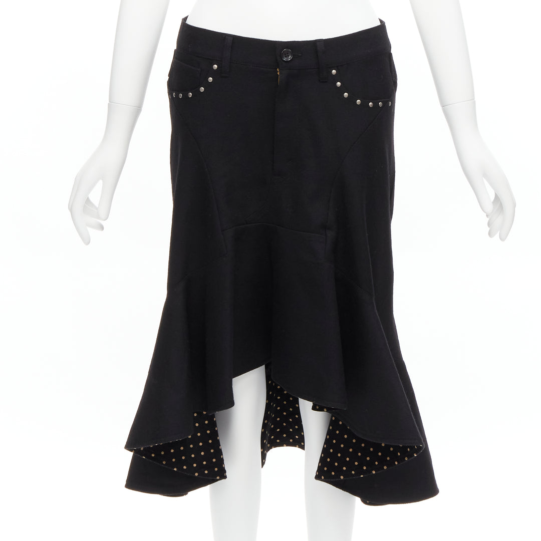 JUNYA WATANABE 2013 black studded pocket polka dot deconstructed flare skirt S