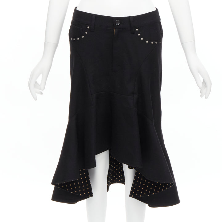 JUNYA WATANABE 2013 black studded pocket polka dot deconstructed flare skirt S