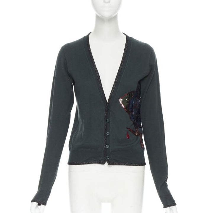 UNDERCOVER dark green cotton sequins floral patch lurex trimmed cardigan JP1 S