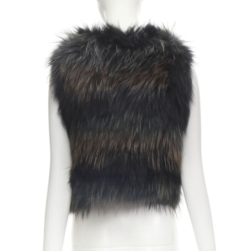METEO YVES SALOMON black brown green racoon fur vest jacket IT36 XS