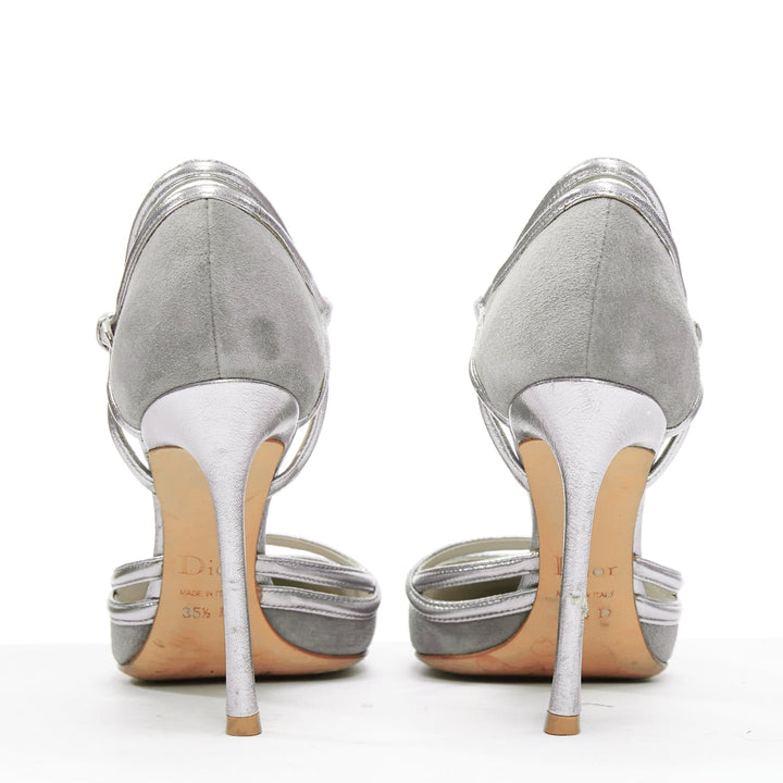 DIOR Raf Simons grey suede metallic silver trims strappy pumps EU35.5