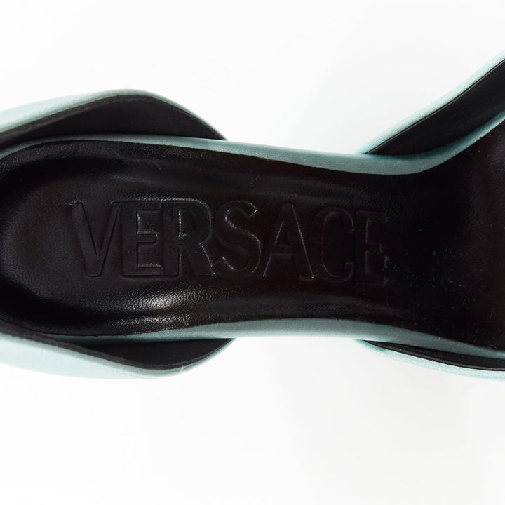VERSACE Medusa Aevitas sky blue satin Medusa charm platform heels 37.5