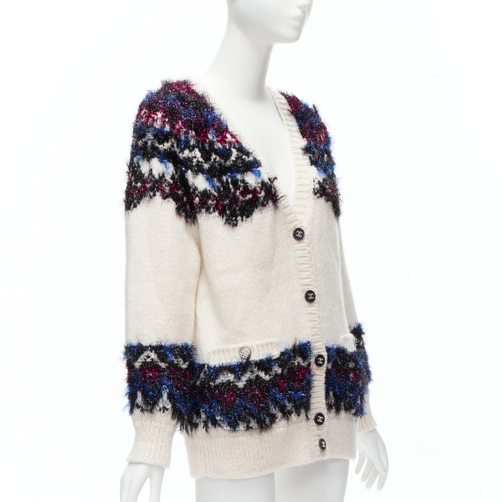 CHANEL pink blue fluffy lurex cream intarsia crystal CC button cardigan FR36 S