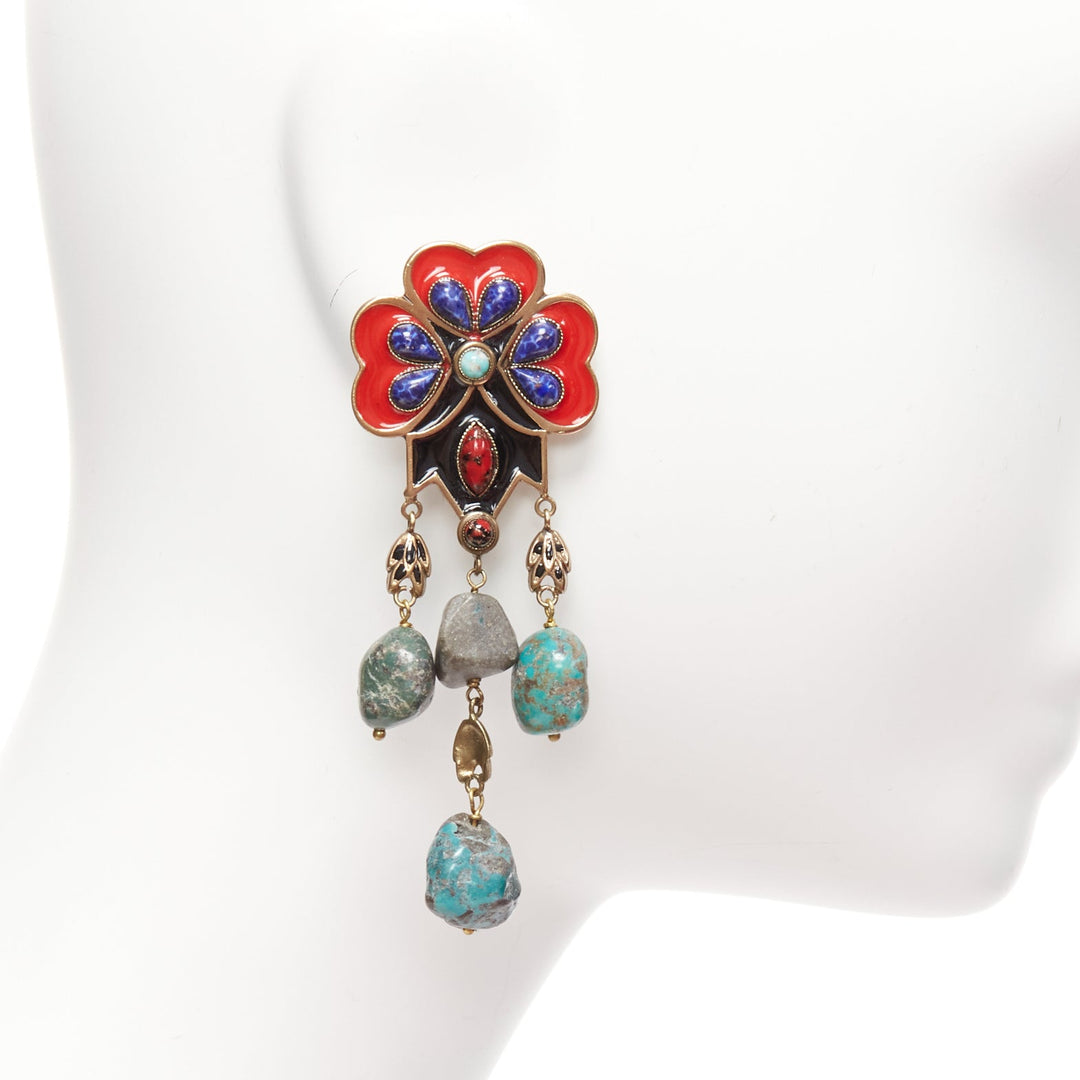 ETRO red blue enamel flower drop stone gold drop clip on earrings pair