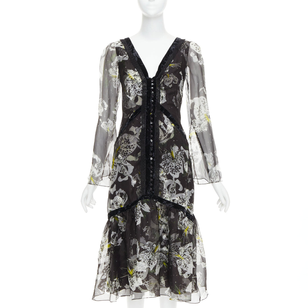 ERDEM 2016 Makayla black grey 100% silk floral back cut out  dress UK6 XS