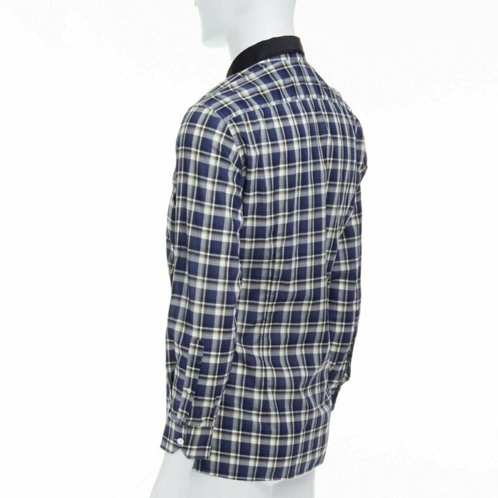 LANVIN ALBER ELBAZ blue checked cotton grosgrain ribbon collar shirt EU38 S
