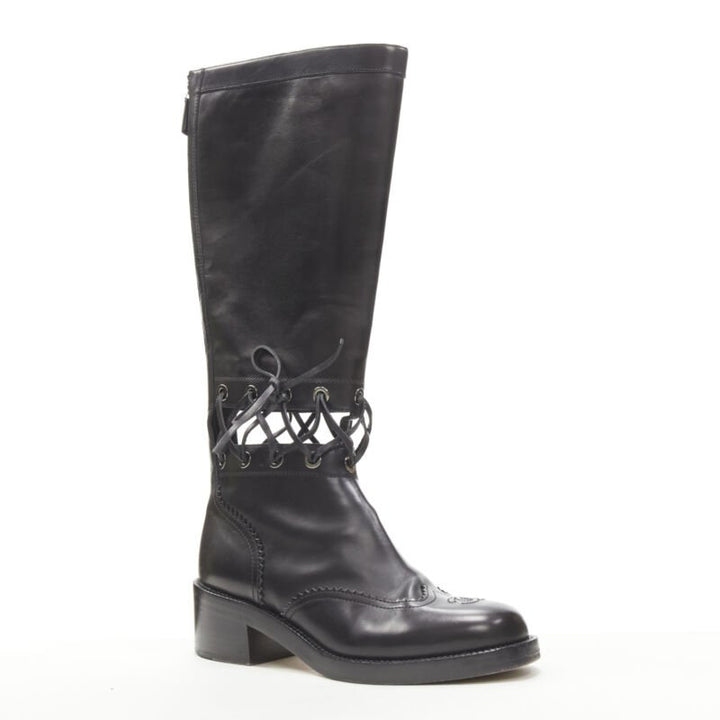 CHANEL black calfskin cross stitch cut out CC toe cap block heel boot EU38.5
