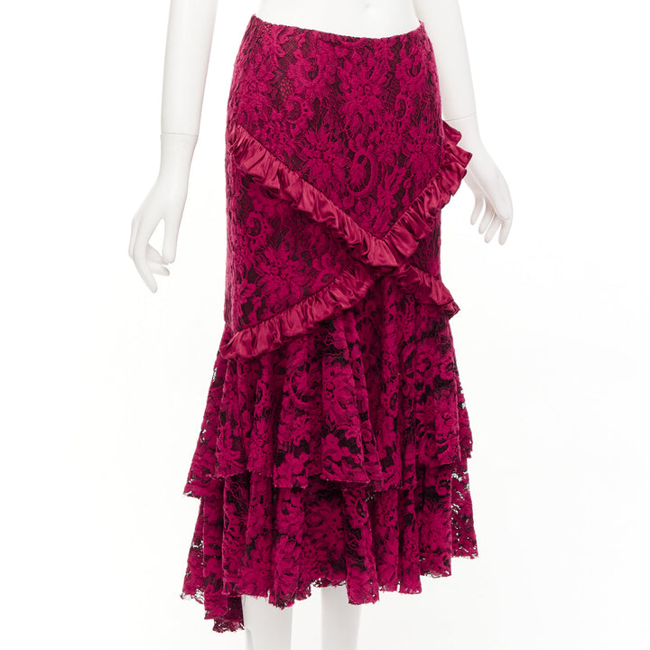 ROMANCE WAS BORN red cotton silk blend floral lace bias ruffle midi skirt AUS8 S