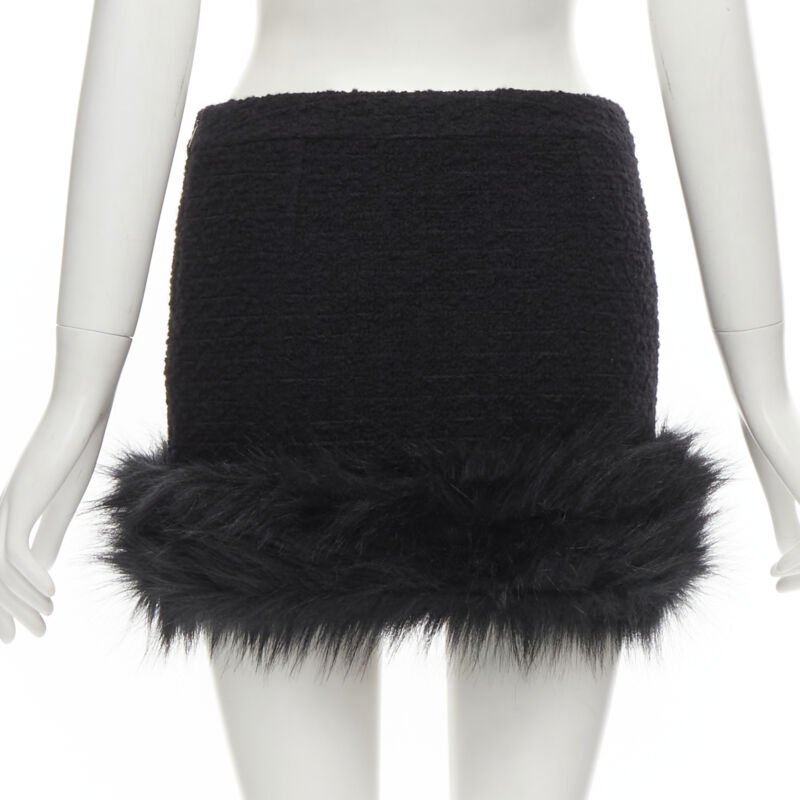 SAINT LAURENT 2022 black tweed faux fur trimmed mini skirt FR34 XS