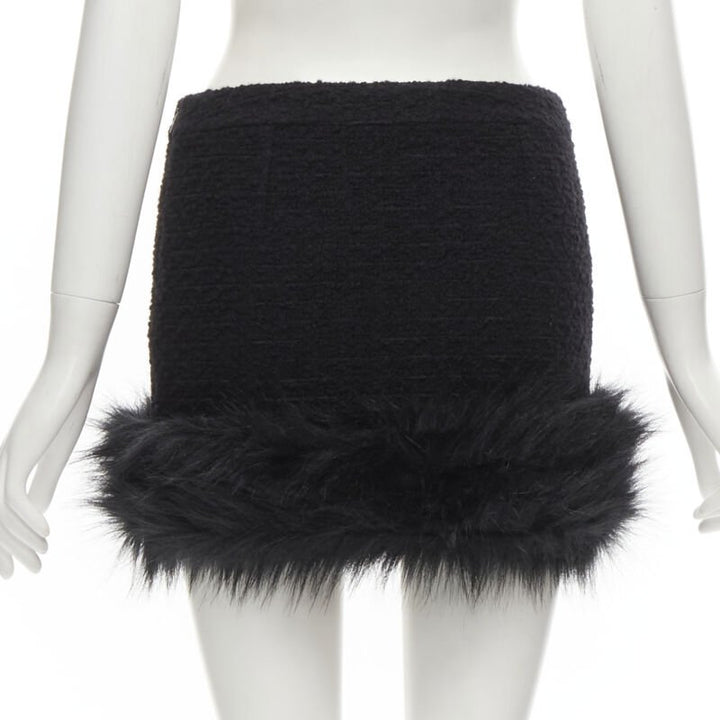 SAINT LAURENT 2022 black tweed faux fur trimmed mini skirt FR34 XS