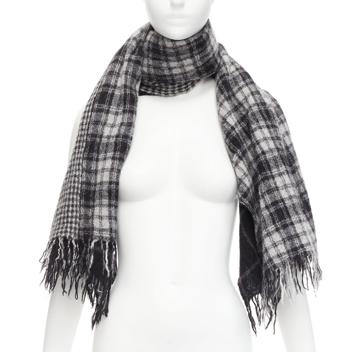 Y'S YOHJI YAMAMOTO grey 100% wool checkered black Y safety pin fringe scarf