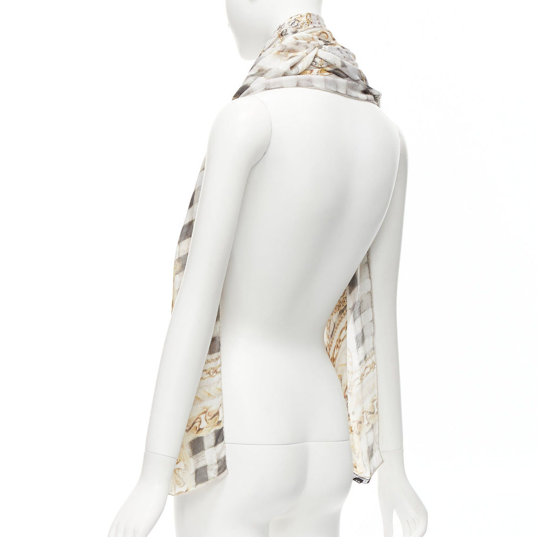 BALMAIN cream modal cashmere chain check tromp loeil print scarf
