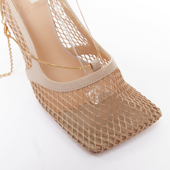 BOTTEGA VENETA Stretch nude leather fishnet square toe chain heels EU37