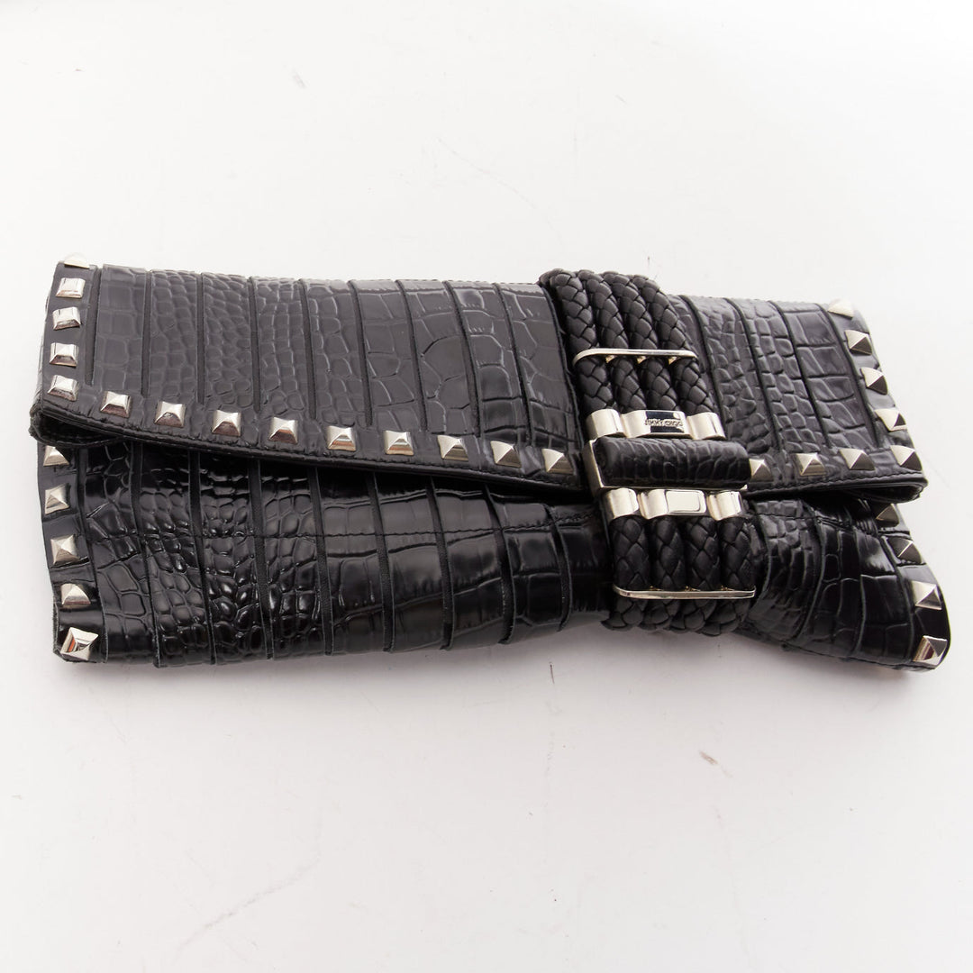 JIMMY CHOO Chandra black croc embossed studs woven magnet clasp clutch bag
