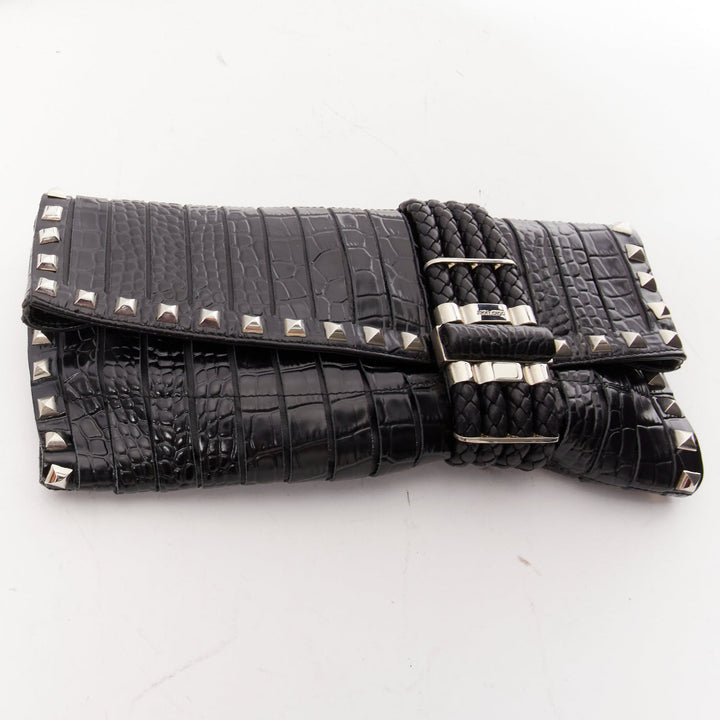 JIMMY CHOO Chandra black croc embossed studs woven magnet clasp clutch bag