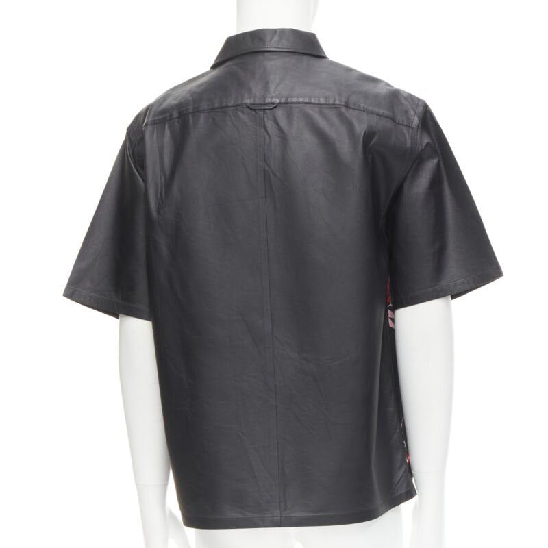 PRADA 2019 black red Rose Bolt cotton leather boxy bowling shirt EU48 M